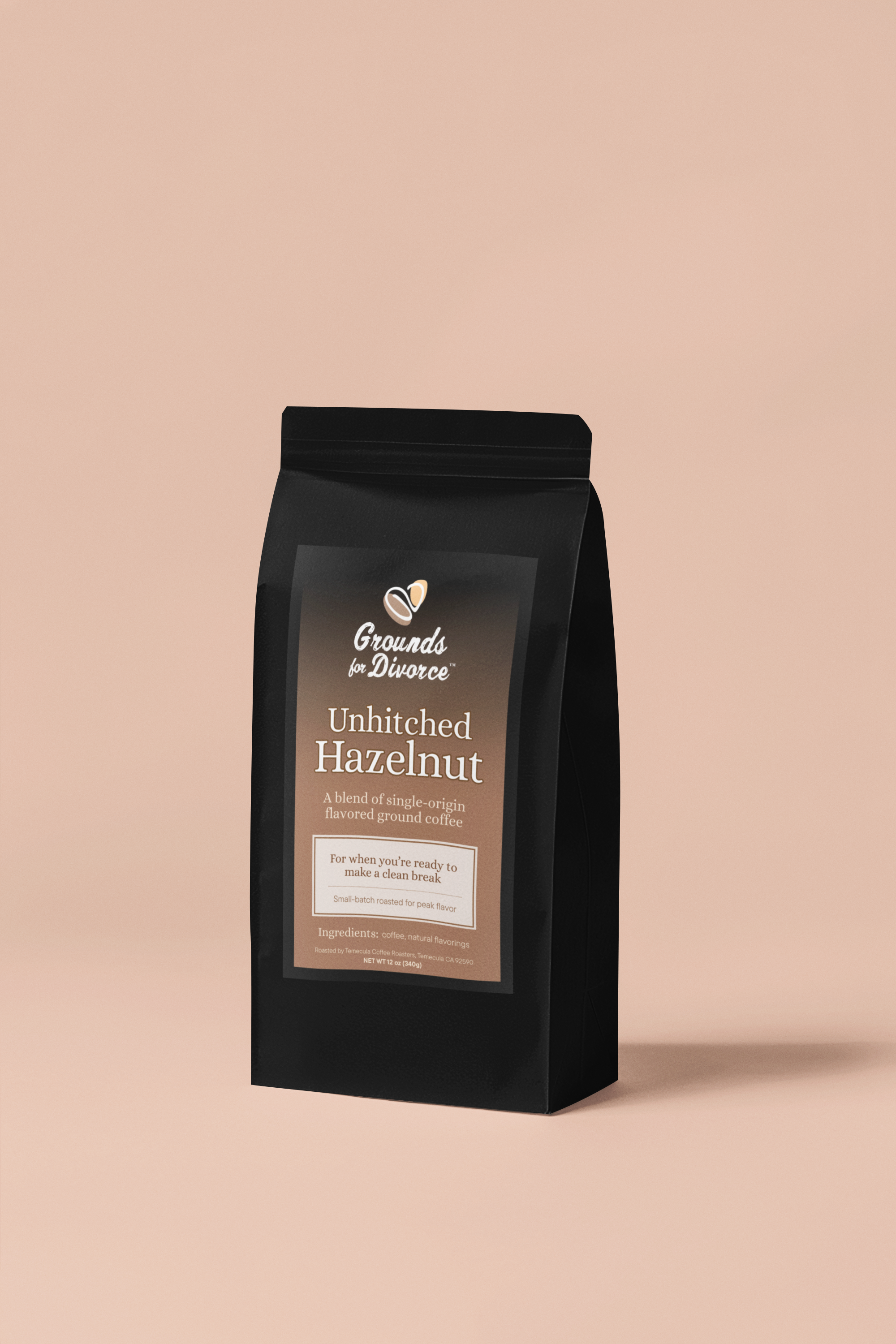 "Unhitched Hazelnut" flavored ground coffee